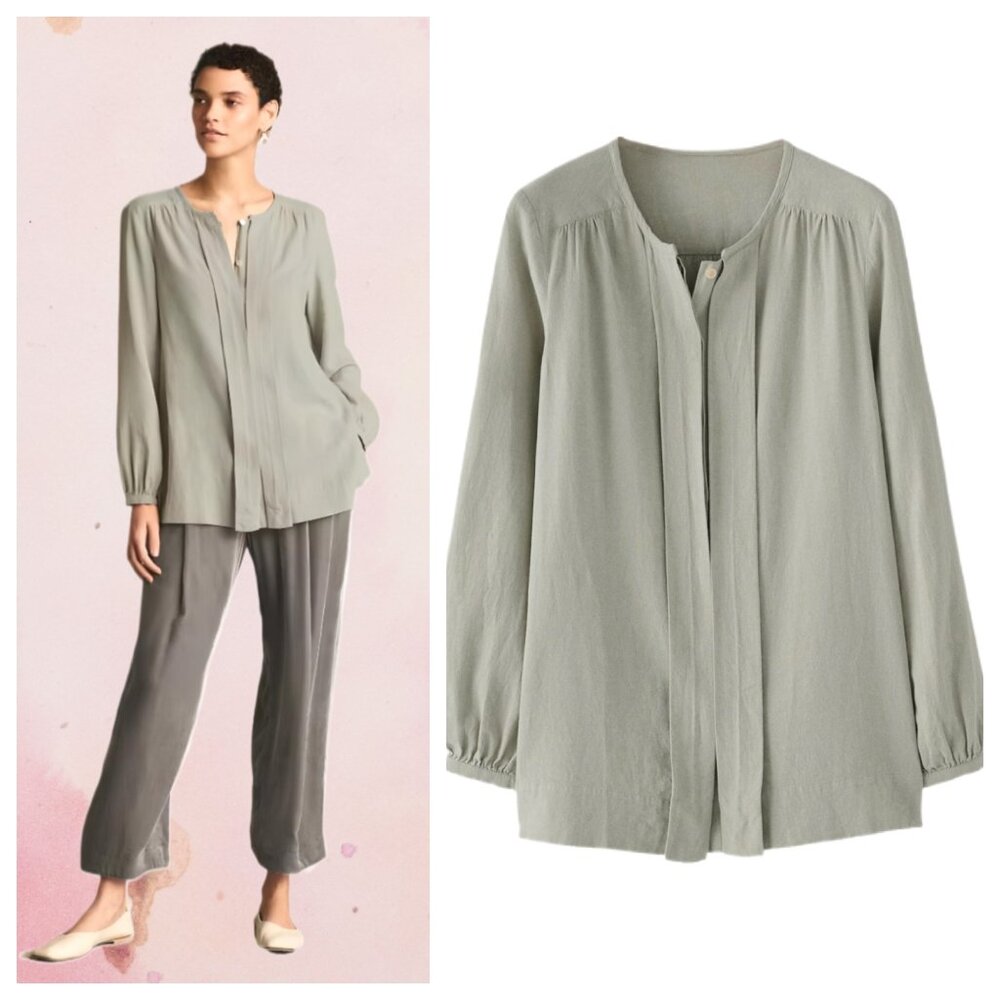POETRY Pale Sage Green Linen Blend Buttoned Collarless Blouse Relaxed size 14